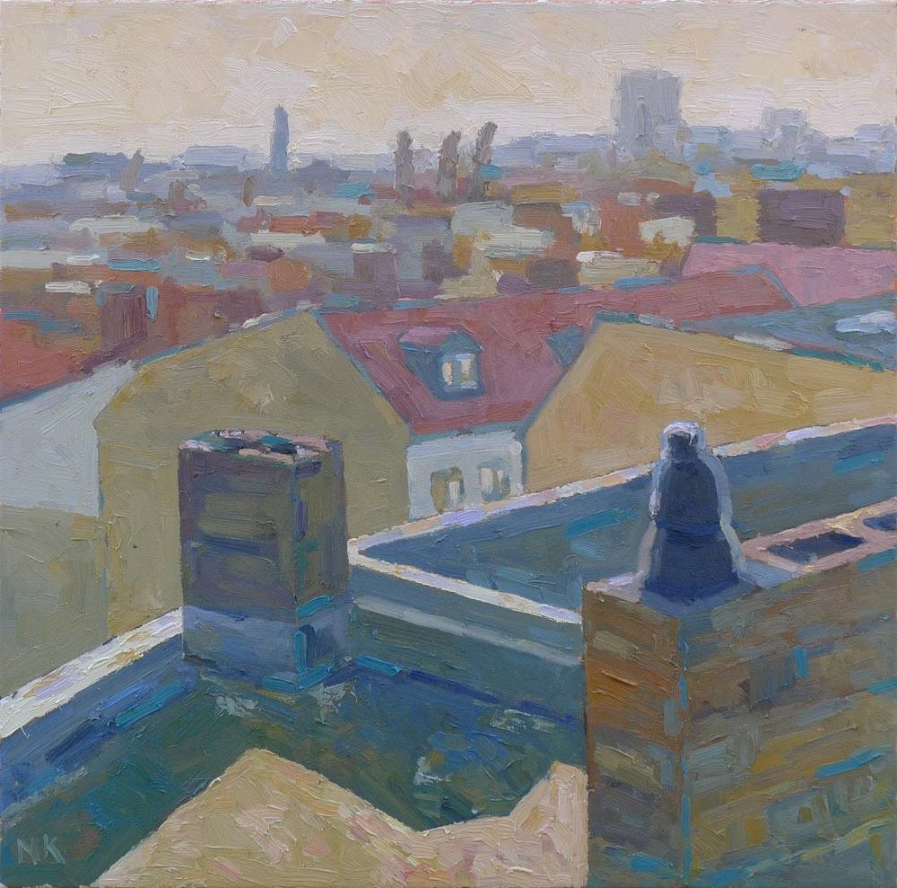View from roof tops, Berlin-Friedrichshain, 60x60cm, oil