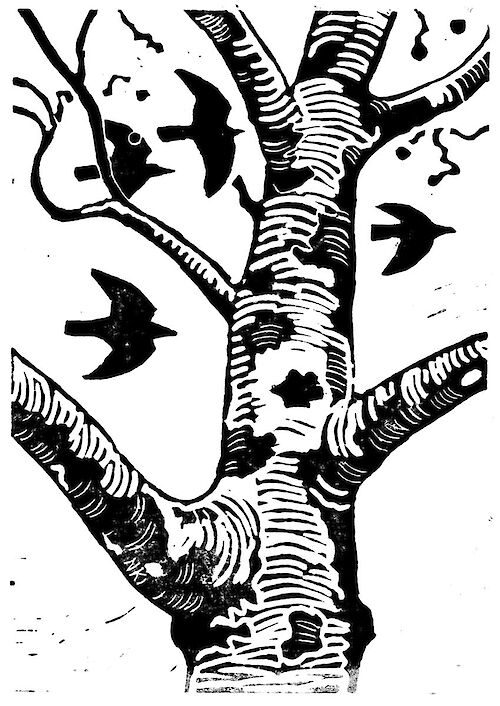 Dohlen und Baum, Linoldruck