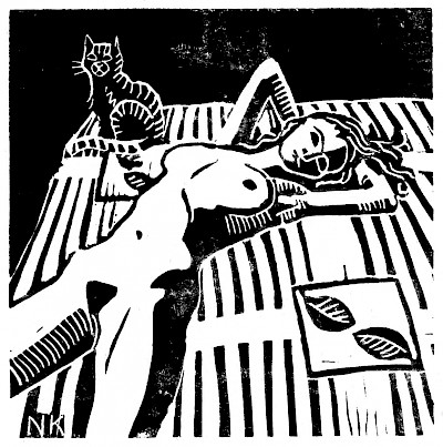 Reclined nude with cat