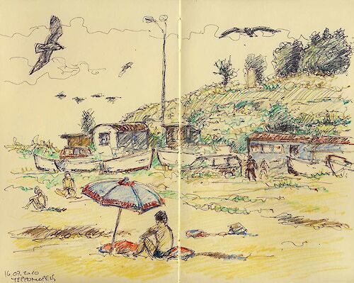 Beach in Czernomoretz, Moleskine – Fineliner and Colored pencil