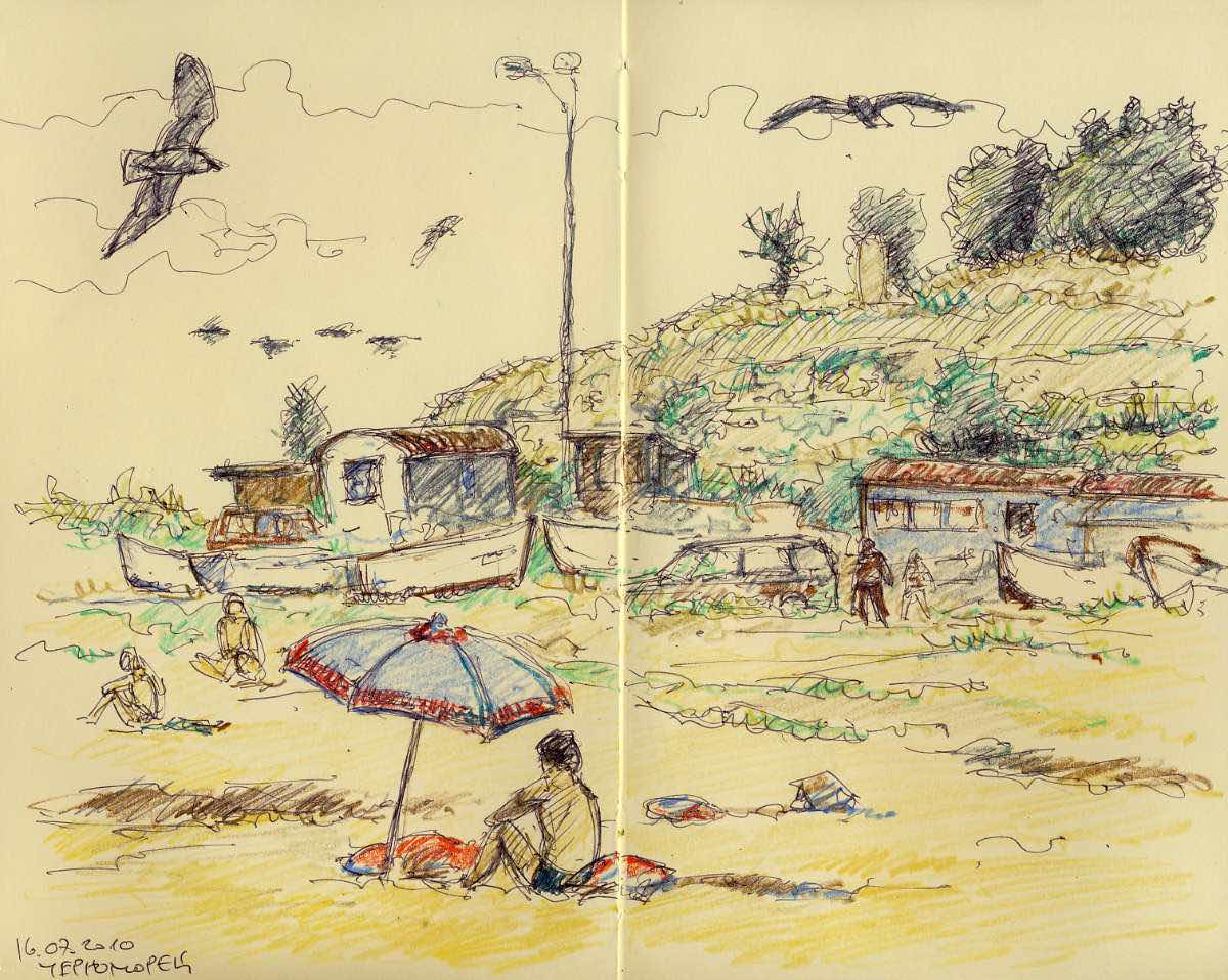 Beach in Czernomoretz, Moleskine – Fineliner and Colored pencil