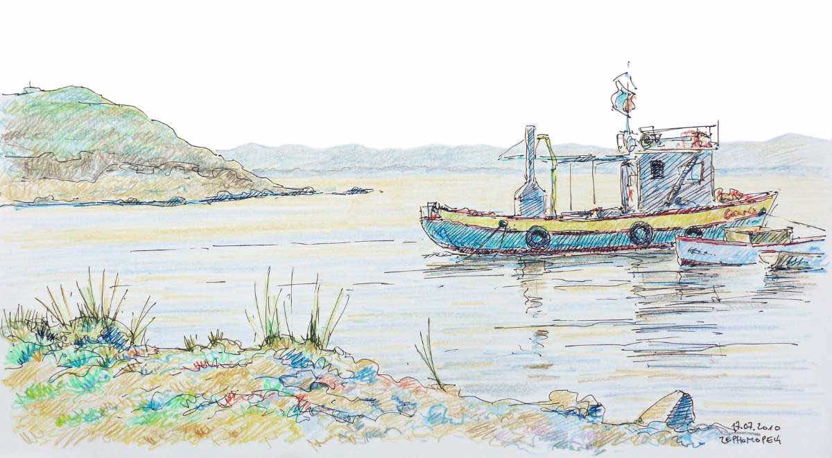 Ship in Czernomoretz, ink and colored pencil