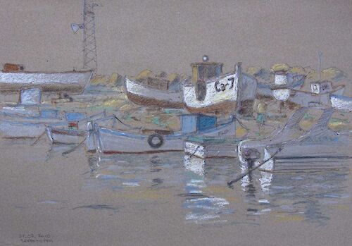 Boote in Czernomoretz, Kugelschreiber und Pastell