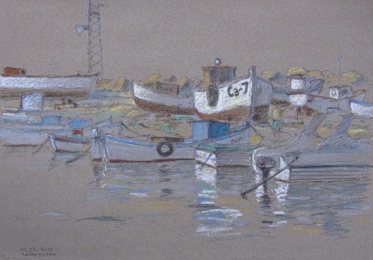 Boote in Czernomoretz, Kugelschreiber und Pastell
