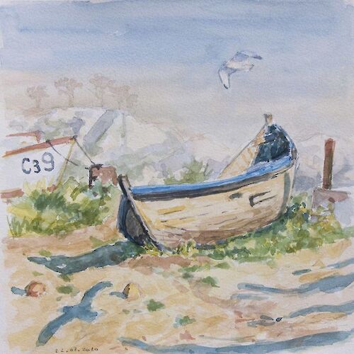 Fishing boat and gull in Czernomoretz, watercolor