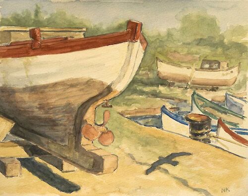 Fishing boat and gull shadow, watercolor