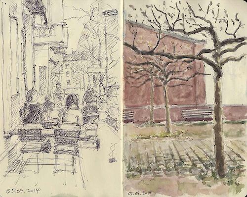 Street scenes from Berlin-Friedrichshain, ballpoint and watercolor