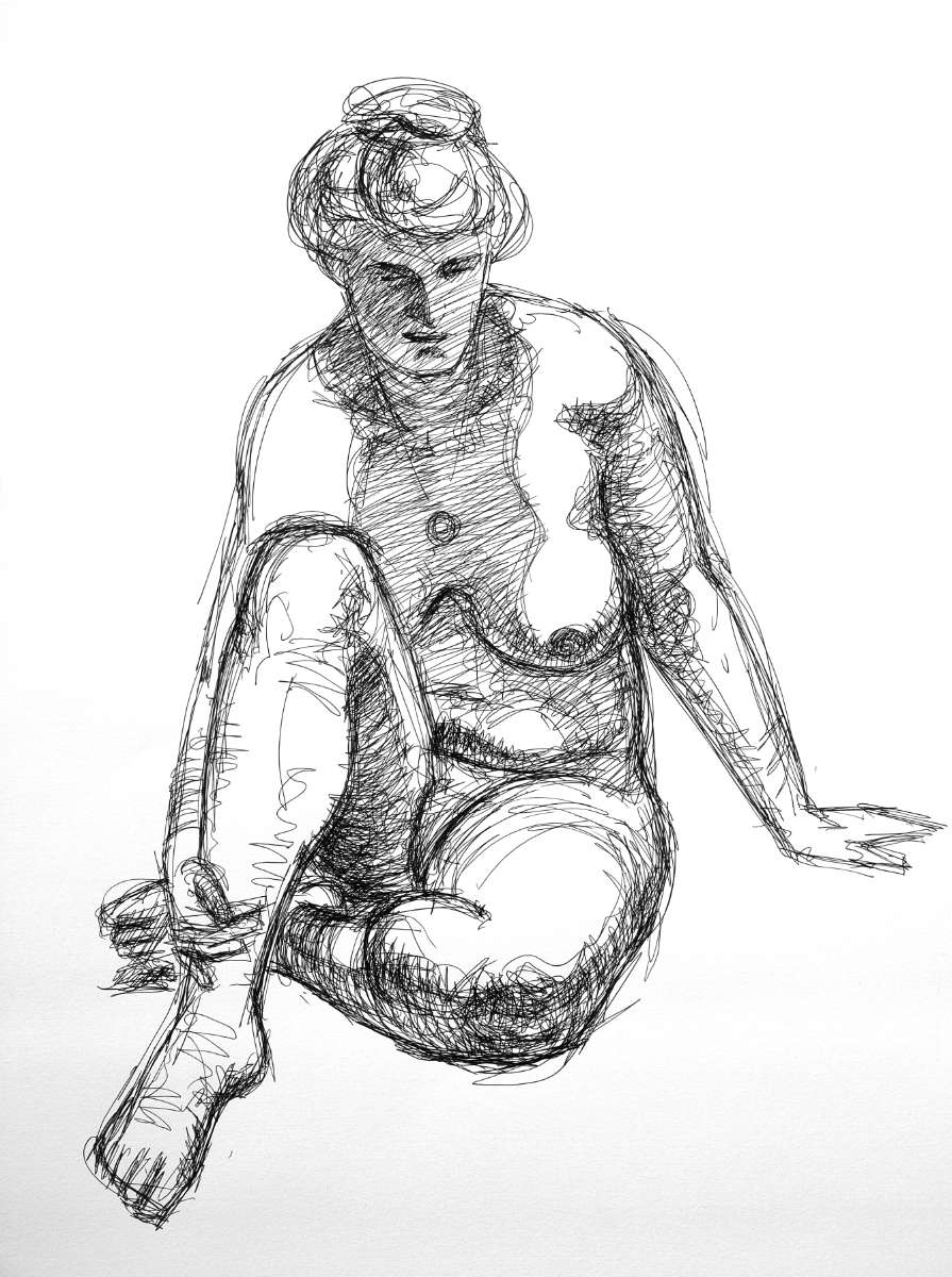 Akt, auf dem Boden, Tusche