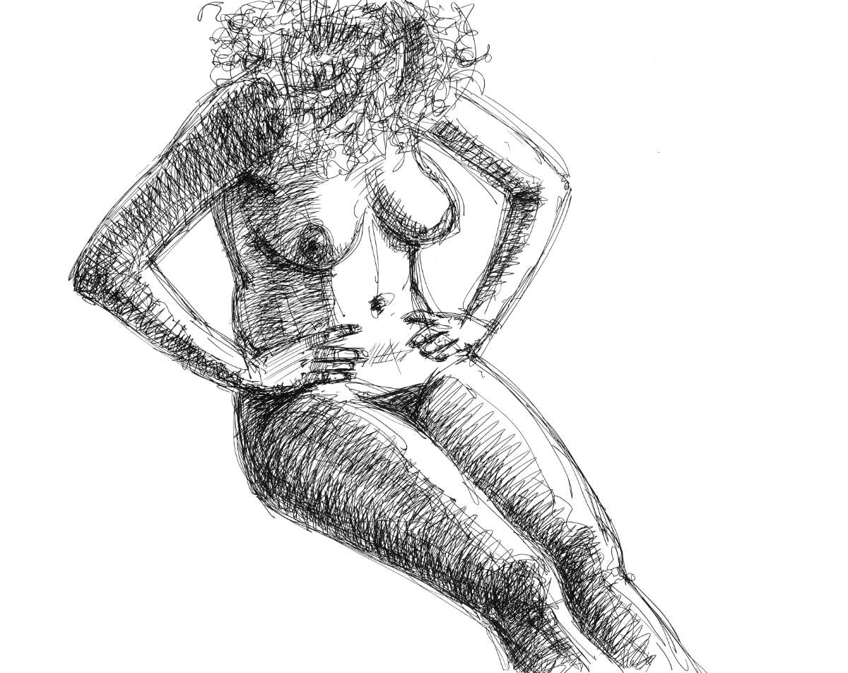 nude girl sitting, ink