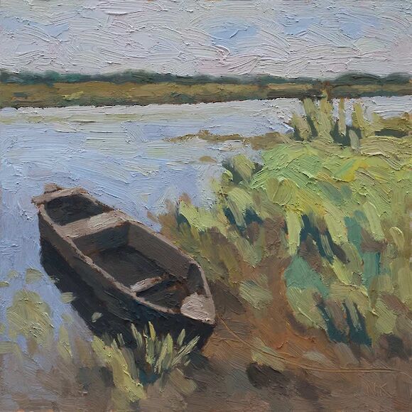 Boat along the Biebrza river, 25x25cm, oil