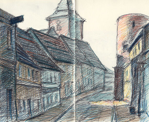 Lenzen, Sonnenfleck, Kugelschreiber und Buntstift