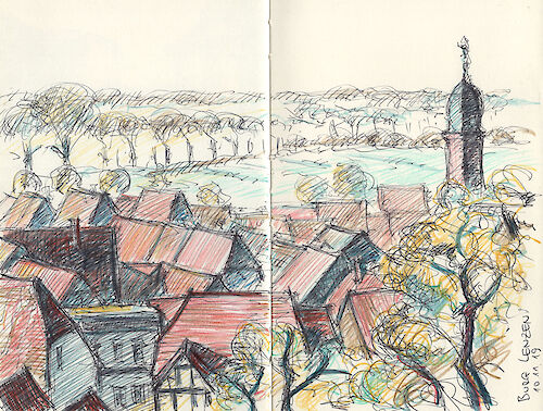 Lenzen, rooftops, ballpoint and colored pencil