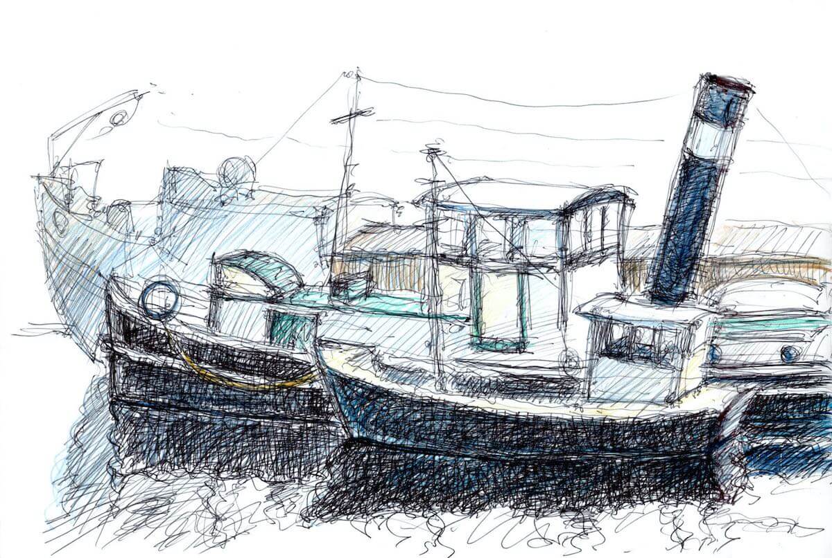 Alte Dampfer in Berlin, linke Skizzenbuchseite