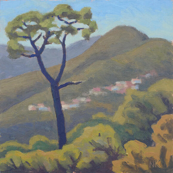 Pine tree in mountain landscape, 30x30cm, oil